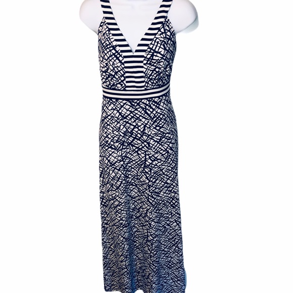 J. McLaughlin Maxi Long Dress Navy & White VGUC